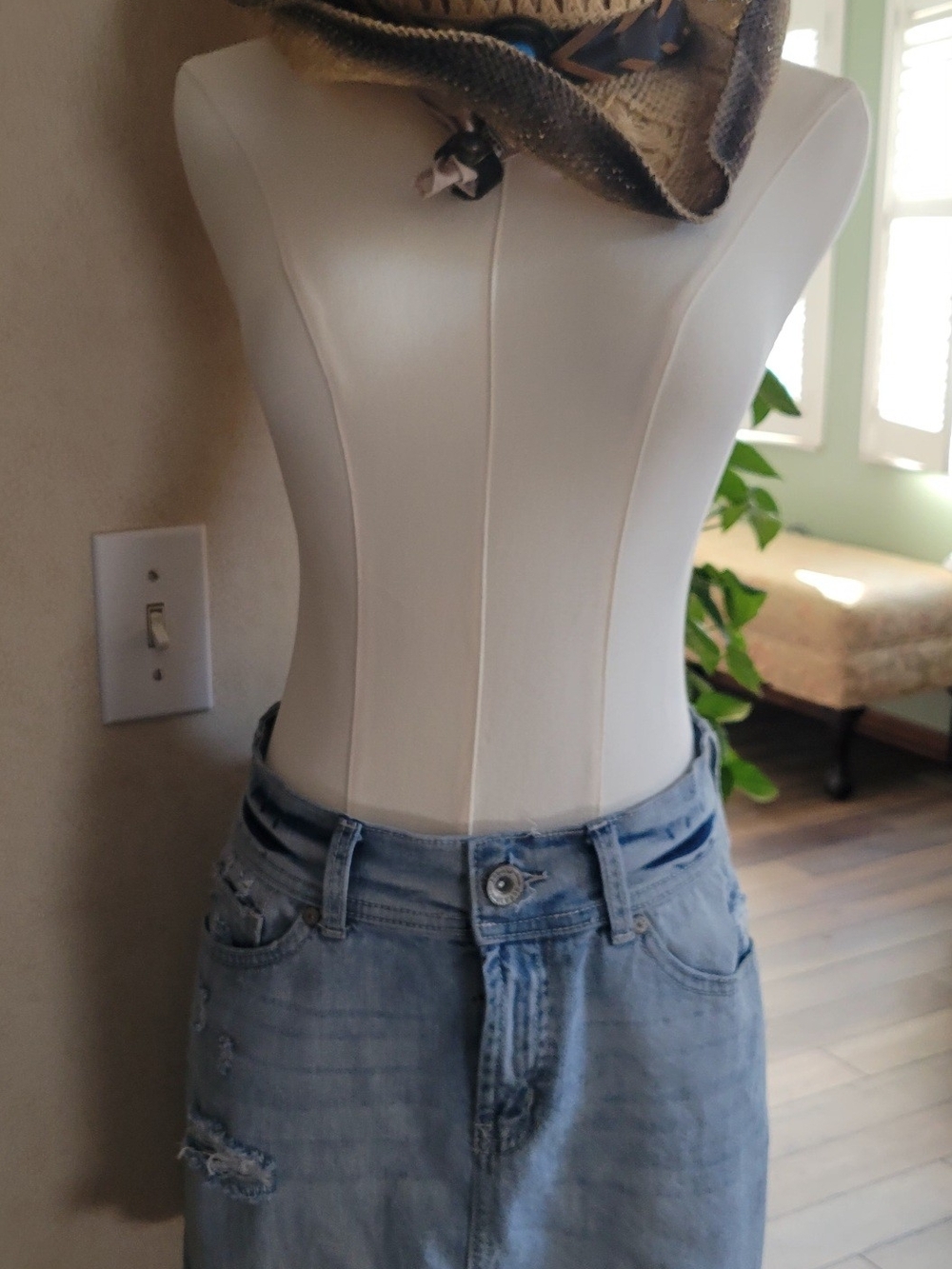Light Blue Distressed Denim Mini Skirt - Classic Casual